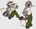 2024 3_toes anthro barefoot belly biped bottomwear clothed clothing cute_fangs digital_drawing_(artwork) digital_media_(artwork) dipstick_tail facial_markings feet fur grey_background grey_body grey_fur hand_on_hip head_markings hi_res male mammal markings mask_(marking) navel nipples one_fang pants procyonid raccoon raymodule raymond_(raymodule) rib_cage running shirt simple_background slightly_chubby slightly_chubby_anthro slightly_chubby_male solo standing tail tail_markings tank_top toes topless topwear whiskers