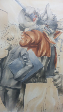 blonde_hair blush bottomwear briefcase claws clothing duo eyewear frown fur glasses hair hat headgear headwear humanoid_pointy_ears jacket male necktie pants pointy_ears pointy_hair sharp_teeth size_difference snout suit teeth topwear hatake canid canine canis human mammal wolf 9:16 pen_(artwork) traditional_media_(artwork)