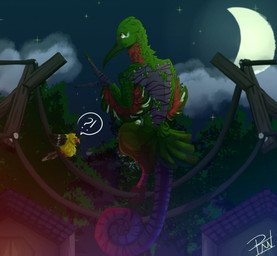 4_toes ambiguous_gender anisodactyl anthro crescent_moon crouching curled_tail detailed_background duo feathers feet feral green_body green_feathers interrobang larger_anthro long_beak moon night orange_eyes outside power_lines scales size_difference smaller_feral stripes tail toes winged_arms wings yellow_body yellow_feathers punkcroc frackata apodiform avian bird chameleon finch hummingbird hybrid lizard oscine passerine reptile scalie