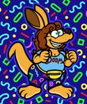3_toes 5_fingers anthro arms_bent barefoot blue_background blue_bottomwear blue_clothing blue_outline blue_pants blue_shirt blue_t-shirt blue_topwear bottomwear breasts brown_hair brown_tail cleavage clothed clothed_anthro clothing eyelashes fanny_pack feet female female_anthro fingers fist fully_clothed fully_clothed_anthro green_eyes hair light long_ears long_hair long_tail outline pants shapes shirt simple_background slightly_chubby slightly_chubby_anthro slightly_chubby_female solo standing t-shirt tail toes toothy_grin topwear two_tone_tail wavy_hair whisker_spots zipper captainquack64 doom_(series) draw_this_in_your_style id_software microsoft maxie_(horizonartz) kangaroo macropod mammal marsupial 2025 colored digital_drawing_(artwork) digital_media_(artwork) english_description hi_res lighting