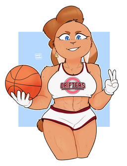 5_fingers abs anthro ball basketball_(ball) blue_eyes bodily_fluids bottomwear breasts brown_eyebrows brown_hair brown_tail clothed clothed_anthro clothed_female clothing crop_top ear_piercing eyebrows female female_anthro fingers floppy_ears front_view fur geometric_background gesture gloves hair hand_gesture handwear holding_basketball hotpants lop_ears medium_breasts muscular muscular_anthro muscular_female piercing shirt shorts simple_background sleeveless_crop_top sleeveless_topwear smile solo sweat sweaty_arms sweaty_body sweaty_face sweaty_legs sweaty_thighs tail tan_body tan_fur text text_on_clothing text_on_topwear topwear v_sign white_bottomwear white_clothing white_crop_top white_gloves white_handwear white_sclera white_shorts white_topwear conditional_dnp sonokido ventura_city_drifters emily_lang lagomorph leporid mammal rabbit 2021 digital_media_(artwork) hi_res portrait three-quarter_portrait