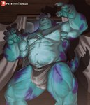 2_horns abs biceps blue_body blue_fur bulge claws clothing detailed_bulge fur horn jockstrap male muscular muscular_male nipples pecs solo spots underwear joelbearb disney monsters_inc pixar sulley monster absurd_res hi_res