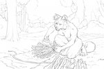 2024 4_toes 5_fingers anthro breasts bundle canid canine casual_nudity dhole feet female fingers forest fur hi_res hibbary hindpaw humanoid_hands inner_ear_fluff kneeling mammal monochrome nipples nude on_one_knee outdoor_nudity outside paws plant solo stick toes tree tuft