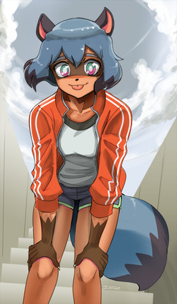 anthro black_nose blep blue_hair brown_body brown_fur clothed clothing dipstick_tail female fur gloves_(marking) hair looking_at_viewer markings solo tail tail_markings tongue tongue_out john_joseco brand_new_animal studio_trigger michiru_kagemori canid canine mammal raccoon_dog tanuki 2020 digital_media_(artwork) hi_res shaded