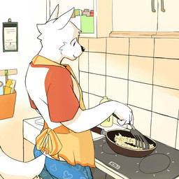anthro clothing cooking food inside male rice solo standing manmosu_marimo white_canine_(marimo) canid canine canis domestic_dog mammal 1:1 2015 digital_media_(artwork)