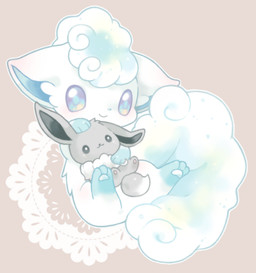 abstract_background ambiguous_gender black_inner_ear blue_body blue_eyes blue_fur blue_inner_ear blue_markings blush digitigrade dipstick_tail duo feral fluffy fluffy_tail fur gloves_(marking) grey_background grey_body grey_eyes grey_fur hair hand_on_chest hand_on_head holding_another leg_markings markings midair neck_tuft pawpads paws pink_pawpads simple_background size_difference smile socks_(marking) tail tail_markings tuft white_body white_fur white_hair white_markings white_pawpads white_tail_tip michi_runi nintendo pokemon alolan_form alolan_vulpix canid canine eevee generation_1_pokemon generation_7_pokemon mammal pokemon_(species) regional_form_(pokemon) shiny_pokemon digital_media_(artwork) low_res unavailable_at_source