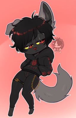 anthro black_body black_fur black_hair bottomwear chibi clothing denim denim_bottomwear denim_clothing fur grey_body grey_fur hair half-closed_eyes hand_in_pocket hoodie jeans male narrowed_eyes orange_background pants pockets simple_background solo topwear wallet_chain yellow_sclera moucchiato canid canine canis domestic_dog mammal hi_res