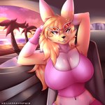 anthro beach big_breasts blonde_hair breasts car city clothed clothing eyewear female fingers glasses hair inside_car inside_vehicle red_eyes smile solo synthwave vehicle yellow_body silverray17 bandai_namco digimon ryna_(silverray17) canid digimon_(species) mammal renamon 1:1 2024 absurd_res digital_media_(artwork) hi_res