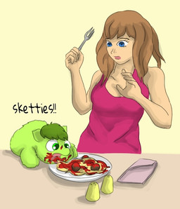 5_fingers ambiguous_feral ambiguous_gender baby_talk blue_eyes brown_hair clothed clothed_human clothing cutlery dialogue dirty dish duo eating eyelashes featureless_hands female female_human feral fingers food fork green_eyes green_hair hair holding_fork holding_object kitchen_utensils looking_at_another looking_at_food looking_at_object open_mouth pasta pepper_shaker pink_clothing pink_shirt pink_tank_top pink_topwear salt_shaker shirt simple_background spaghetti surprised tank_top text tools topwear young young_ambiguous young_feral carpdime fluffy_pony avocado_(fluffy_pony) fluffy_pony_(species) human mammal digital_media_(artwork) english_text intralingual_translation shaded