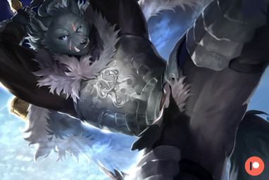 anthro armor black_sclera cloak clothed clothing fur grey_body grey_fur looking_away low-angle_view male melee_weapon scar solo sword tusks warrior weapon worm's-eye_view t.y.stars elden_ring fromsoftware blaidd_(elden_ring) canid canine canis mammal wolf hi_res