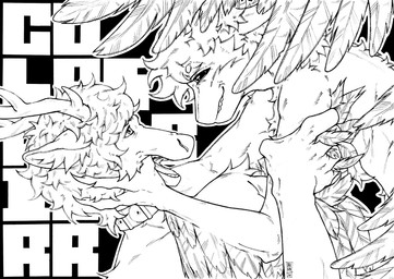 2_horns 3_fingers 5_fingers abstract_background anthro antlers arm_grab black_sclera cheek_tuft chest_tuft claws collar collar_only confusion curly_hair duo eye_contact eyebrows face_grab facial_tuft feathered_wings feathers finger_claws finger_in_mouth fingers fluffy fur grabbing hair half-closed_eyes hand_on_head holding_another horn looking_at_another male male/male male_anthro mouth_closed mouth_play multi_ear narrowed_eyes neck_tuft nude open_mouth opening_mouth pivoted_ears romantic romantic_couple side_view simple_background smile smirk smug snout teeth text tongue tuft tufted_fur winged_arms wings dra-kon fyr_(fenrir784) gooddeer avali avian bird deer mammal new_world_deer reindeer 2026 artist_name black_and_white dated english_text hi_res line_art marker_(artwork) monochrome pen_(artwork) signature traditional_media_(artwork) maleherm_(lore)