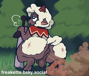 2_horns anthro anus balls big_anus big_butt black_eyes blush blush_lines breath brown_fart_cloud brown_horn butt capelet capelet_only clothing crouching evergreen_tree fart fart_cloud feces feces_pile flaccid fur genitals grass grey_anus grey_balls grey_body grey_ears grey_penis grey_skin half-closed_eyes holding_melee_weapon holding_object holding_sword holding_weapon horn huge_butt male male_anthro male_farting melee_weapon mostly_nude mostly_nude_anthro mostly_nude_male narrowed_eyes nature open_mouth outside penis pine_tree plant red_capelet red_clothing scratches short_horn small_horn solo sword tail teeth text tree weapon white_body white_fur white_tail wool_(fur) freakette cult_of_the_lamb massive_monster_(studio) lamb_(cult_of_the_lamb) bovid caprine domestic_sheep mammal sheep 2025 hi_res url