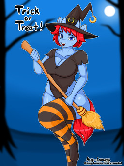 2_horns anthro big_breasts blue_body blue_eyes breasts broom cleaning_tool clothing costume female footwear hair hat headgear headwear holidays horn knee_highs knee_socks legwear looking_at_viewer magic_user moon red_hair red_tail socks solo tail thick_thighs trick-or-treating wide_hips witch witch_costume witch_hat augmentedleaves halloween lilith_(augmentedleaves) bicorn equid equine mammal 3:4 absurd_res hi_res