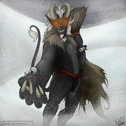 anthro bulge claws cloak clothed clothing detailed_bulge fangs glowing glowing_eyes hand_outstretched holidays jockstrap jockstrap_only leather leather_clothing leather_jockstrap leather_underwear looking_at_viewer male outside snow snowing solo teeth topless underwear underwear_only fledgedragonfox christmas krampus bovid caprine caprine_demon demon goat_demon mammal monster 1:1
