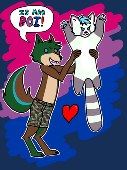 anthro bisexual_pride_colors black_nose blue_body blue_eyes blue_fur blue_pawpads bottomwear brown_body brown_fur camo camo_bottomwear camo_clothing camo_pants camo_print clothing digitigrade duo fangs feet fingerless_(marking) fur green_body green_fur grey_body grey_fur head_tuft heart_symbol lgbt_pride male male/male markings pants pattern_bottomwear pattern_clothing pattern_pants pawpads pride_colors snaggle_tooth striped_markings striped_tail stripes tail tail_markings teeth text toeless_(marking) tuft white_body white_fur jphorn jphorn_(character) skylight_(jphorn) ailurid canid canine canis mammal red_panda wolf 3:4 alpha_channel english_text hi_res