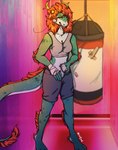 anthro antlers bandaged_hands clothed clothing female front_view green_body grin hair horn looking_at_viewer orange_hair smile solo standing white_body yellow_antlers yellow_eyes lionfloof mythology dragon mythological_creature mythological_scalie scalie hi_res