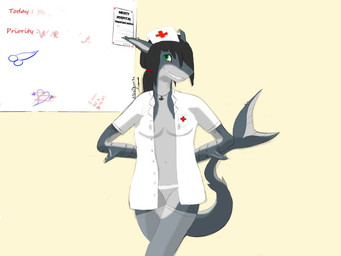anthro board breasts clothing female green_eyes non-mammal_breasts nurse nurse_clothing nurse_uniform smile solo tattoo text uniform spectrum90 aquatic fish shark 4:3 english_text