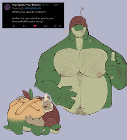 anthro arm_hair beanie beanie_only beard belly big_belly big_muscles body_hair clothing covered_eyes ears_down facial_hair feral gesture green_body green_scales grey_background hair hair_bun hairy_pecs hand_gesture happy_trail hat hat_only headgear headgear_only headwear headwear_only hug male mostly_nude muscular muscular_male navel nipples pecs pivoted_ears scales simple_background smile smoking sparkles text thumbs_up white_hair ryanburr mythology nintendo pokemon twitter ryan_(ryanburr) appletun bear dragon generation_8_pokemon mammal mythological_creature mythological_scalie pokemon_(species) scalie english_text hi_res