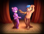 anthro barefoot blue_hair breasts brown_body brown_fur clothing collar curtains dancing duo feet female female/female fur gold_(metal) hair nipples purple_body purple_fur red_nose slave small_breasts stage translucent translucent_clothing young apinkgrape disney gummi_bears fiona_gummi_(fan_character) bear mammal hi_res