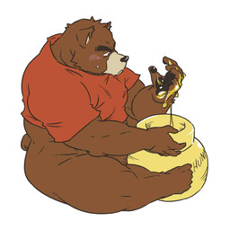 anthro biped blush bottomless brown_body brown_fur butt clothed clothing food fur honey_(food) humanoid_hands male overweight overweight_anthro overweight_male pink_blush shirt simple_background sitting solo topwear white_background tetsuo_oshiba morenatsu juuichi_mikazuki bear mammal 1:1 2015