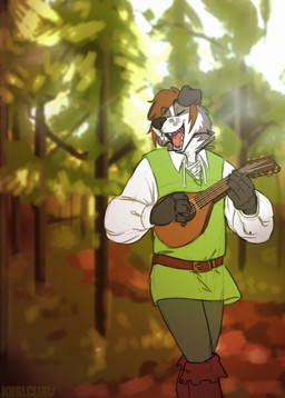 5_fingers anthro bard belt black_nose brown_hair clothed clothing eyes_closed fingers footwear forest fur grey_body grey_fur hair lute male multicolored_body multicolored_fur musical_instrument open_mouth outside plant plucked_string_instrument shirt singing smile solo string_instrument teeth tongue topwear tree tunic white_body white_fur kihu canid canine canis domestic_dog mammal