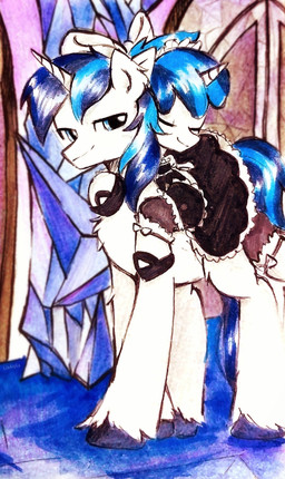 blue_eyes blue_hair carrying_another clothed clothing crossdressing duo feral footwear hair horn looking_at_viewer maid_uniform male piggyback shoes uniform white_body liaaqila friendship_is_magic hasbro my_little_pony mythology feathertrap_(oc) shining_armor_(mlp) equid equine mammal mythological_creature mythological_equine unicorn absurd_res hi_res