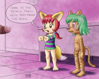 anthro balls bodily_fluids bottomless clothed clothing desk detailed_background dialogue disembodied_penis erection female foreskin fur furniture genital_fluids genitals gesture green_hair grey_eyes group hair half-erect humanoid_genitalia humanoid_penis inside looking_at_genitalia looking_at_penis male male/female navel nipples nude orange_body orange_fur penis pink_eyes precum red_hair school table tan_body tan_fur text vulva young young_anthro sl350 canid canine felid fox mammal pantherine tiger 5:4 english_text hi_res