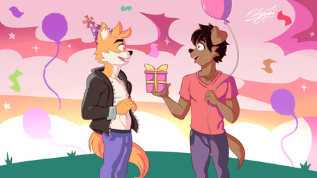 anthro bottomless bottomwear box brown_body brown_eyes brown_fur brown_hair brown_tail clothed clothing cloud confetti container duo fur gift gift_box gift_wrapping grass hair jacket jacket_only male male/male open_clothing open_jacket open_topwear orange_body orange_eyes orange_fur orange_tail pants pink_clothing pink_shirt pink_topwear plant shirt smile sunset tail topwear topwear_only claudioelrandom chiro_(chiromclean) claudy_(claudioelrandom) canid canine canis domestic_dog fox mammal 16:9 hi_res widescreen
