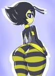 antennae_(anatomy) anthro big_butt black_body black_hair bottomless butt clothed clothing female hair insect_wings looking_at_viewer looking_back mouthless shirt solo tank_top thick_thighs topwear wide_hips wings yellow_body vendant karri arthropod bee hymenopteran insect