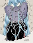 bathing belt black_bottomwear black_clothing black_pants blue_eyes bottomwear bulge clothed clothing fog frown grey_body grey_nipples grey_skin hands_behind_head low-angle_view male muscular muscular_humanoid muscular_male nipples pants pecs solo topless topless_humanoid topless_male waterfall wet wet_body bestia_purpura disney lilo_and_stitch gantu alien alien_humanoid humanoid 2025 halftone hi_res