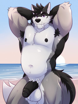 anthro armpit_hair balls beach black_hair black_nose body_hair fangs fur genitals grey_body grey_fur hair male multicolored_body multicolored_fur navel nipples nude nude_anthro nude_male penis sabertooth_(anatomy) sea slightly_chubby slightly_chubby_anthro slightly_chubby_male solo teeth two_tone_body two_tone_fur water white_body white_fur ventkazemaru canid canine canis mammal wolf hi_res