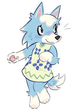 anthro arm_tuft bare_shoulders big_eyes blue_arms blue_body blue_ears blue_flower blue_fur blue_legs blue_tail brown_eyes brown_nose cheek_tuft clothed clothing cloud_pattern countershade_face countershade_tail countershading dress elbow_tuft eyelashes eyeliner facial_tuft feet female floral_clothing floral_dress floral_pattern floral_print flower fur green_clothing green_dress head_tuft leg_tuft makeup mascara multicolored_body multicolored_fur on_one_leg pantsless pawpads pink_inner_ear pink_pawpads plant pointy_ears simple_background smile solo standing tail tuft two_tone_body two_tone_fur white_background white_feet white_paws zig_zag_pattern izzy-paw animal_crossing nintendo skye_(animal_crossing) canid canine canis mammal wolf 2026 colored_sketch digital_media_(artwork) hi_res sketch