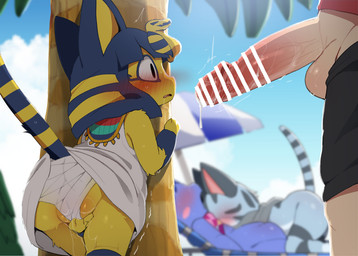 after_sex anthro balls blush bodily_fluids butt clothed clothing dress erection female fur genital_fluids genitals group human_on_anthro interspecies looking_at_another male male/female masturbation panties penis raised_tail shocked size_difference stripes sweat tail underwear dagasi animal_crossing nintendo ankha_(animal_crossing) lolly_(animal_crossing) rosie_(animal_crossing) domestic_cat felid feline felis human mammal censored