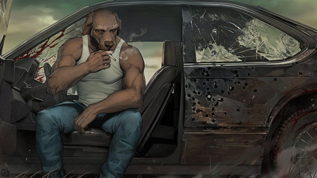 anthro blood bodily_fluids bottomwear broken_glass brown_body brown_fur bullet_hole car cigarette clothed clothing denim denim_bottomwear denim_clothing destroyed_vehicle fur glass holding_cigarette holding_object jeans male muscular muscular_anthro muscular_male pants shirt sitting smoking solo tank_top topwear vehicle wildering bmw eguzki canid canine canis domestic_dog hunting_dog irish_wolfhound mammal sighthound