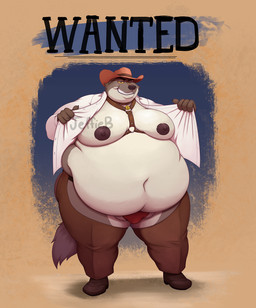 anthro belly big_belly big_nipples black_nipples bottomwear brown_bottomwear brown_clothing brown_pants bulge chaps clothing collar cowboy_hat fupa grin harness hat headgear headwear jockstrap leather leather_harness looking_at_viewer love_handles male moobs navel nipples obese obese_anthro obese_male one_eye_closed overweight overweight_anthro overweight_male pants red_clothing red_jockstrap red_underwear smile solo text thick_thighs underwear wanted_poster white_dress_shirt yellow_sclera jeffieb19 dreamworks the_bad_guys mr._wolf_(the_bad_guys) canid canine canis mammal wolf alternate_version_at_source english_text hi_res watermark
