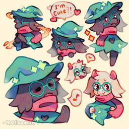 alternate_color ambiguous_gender anthro black_body black_fur chibi clothed clothing eyes_closed eyewear fire fully_clothed fur glasses hat head_tuft headgear headwear heart_symbol holding_clothing holding_hat holding_headgear holding_headwear holding_object horn looking_away magic_user multiple_poses musical_note musical_symbol open_mouth open_smile paws pose red_eyes robe scarf simple_background smile snout solo sparkles speech_bubble standing star symbol teeth text toony tuft white_background white_body white_eyes white_fur wide_eyed witch_hat mellowkun deltarune undertale_(series) ralsei bovid caprine darkner goat mammal 1:1 2018 digital_media_(artwork) low_res watermark