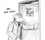 anthro black_and_white canid canine clothed clothing dialogue doorway english_text fully_clothed hair hladilnik male mammal monochrome solo text