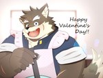 anthro apron blue_eyes blush brown_body brown_fur clothing eyebrows fur holiday_message holidays looking_at_viewer male scar smile solo text thick_eyebrows kamakitoron lifewonders tokyo_afterschool_summoners valentine's_day moritaka_(tas) canid canine canis domestic_dog mammal absurd_res english_text hi_res