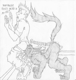 anal duo interspecies male male/male male_penetrated male_penetrating male_penetrating_male muzzle_(object) muzzled oral penetration sex snout_fuck text unknown_artist mythology canid canine canis human mammal mythological_canine mythological_creature werecanid werecanine werecreature werewolf wolf english_text monochrome