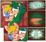 2018 angel_the_hedgehog anthro black_nose blonde_hair blue_hair blush bodily_fluids breasts chest_tuft cleavage clothed clothing comic dialogue digital_media_(artwork) dormouse drooling duo english_text erection eulipotyphlan eyes_closed fan_character female fur genitals green_body green_fur hair hazel_dormouse heart_symbol hedgehog heza_the_dormouse hi_res male male/female mammal moan multicolored_hair nude open_mouth panties penis rodent saliva sega sleeping sonic_the_hedgehog_(series) sweat tenshigarden text tuft underwear