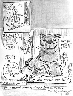annoyed anthro black_body clothing comic_panel dialogue female gloves group handwear kitchen kitchen_utensils macro male male/female size_difference speech_bubble text tools thema canid felid human leopard mammal pantherine comic english_text french_text graphite_(artwork) greyscale monochrome sketch traditional_media_(artwork)