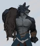 abs anthro arm_tuft canid canine canis clothed clothing far_beyond_the_world_(series) fur head_tuft hi_res hunting male mammal multicolored_body multicolored_fur muscular muscular_anthro muscular_male neck_tuft neungsonie partially_clothed red_eyes shoulder_tuft simple_background solo suid suina sus_(pig) topless topless_anthro topless_male tuft two_tone_body two_tone_fur vulgor_(far_beyond_the_world) wild_boar wolf