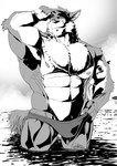 abs anthro areola beach chest_tuft chin_piercing clothing looking_at_viewer male muscular muscular_anthro muscular_male pecs solo speedo swimwear tuft deadanthro bongo_(yongdasom) canid canine canis mammal wolf 2023 black_and_white hi_res monochrome signature