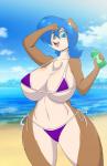 anthro beach big_breasts bikini blue_eyes blue_hair breasts brown_body brown_fur clothing detailed_background female fur hair huge_breasts multicolored_body multicolored_fur outside sand seaside sky solo swimwear thick_thighs two-piece_swimsuit two_tone_body two_tone_fur wide_hips mastergodai rally_ryder chipmunk ground_squirrel mammal rodent sciurid hi_res