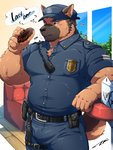 5_fingers anthro arm_support badge belt brown_body brown_eyes brown_fur bulge claws clothed clothing crumbs dessert doughnut eating electronics fingers food fur furgonomics holding_food holding_object male musclegut muscular muscular_anthro muscular_male pastry police police_officer_eating_donut police_uniform radio slightly_chubby solo text thought_bubble uniform window tepen canid canine canis domestic_dog german_shepherd herding_dog mammal pastoral_dog 2020 3:4 english_text hi_res