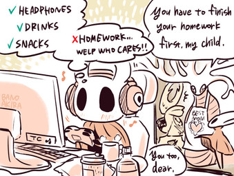 anthro apron blush bodily_fluids chair clothing container controller cup dialogue electronics female furniture gaming group headphones holding_controller holding_object hoodie keyboard monitor mug plant sitting speech_bubble sweat text thought_bubble topwear tree bano_akira hollow_knight_(franchise) team_cherry hollow_knight_(character) hornet_(hollow_knight) the_knight_(hollow_knight) white_lady_(hollow_knight) arthropod elemental_creature flora_fauna treant vessel_(species) 2025 english_description english_text signature half_sister_(lore) mother_(lore) mother_and_child_(lore) nonbinary_(lore) parent_(lore) parent_and_child_(lore) sibling_(lore) sister_(lore)