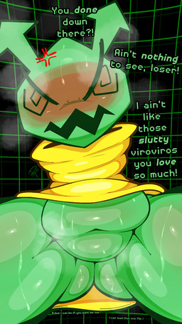 ambiguous_gender angry anthro blush bodily_fluids bottomless clothed clothing cross-popping_vein featureless_crotch low-angle_view musk slightly_chubby spiral spiral_eyes sweat sweater sweater_only swirling_eyes text thick_thighs topwear topwear_only softestpuffss deltarune undertale_(series) envyveekun_(softestpuffss) darkner virovirokun 2025 9:16 absurd_res digital_media_(artwork) english_text hi_res female_(lore)