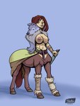 belt blue_background breasts brown_body brown_fur brown_hair female fur green_eyes hair hooves human_torso knife navel nipples simple_background solo tail shieltar european_mythology greek_mythology mythology centaur equid equid_taur humanoid_taur mammal mammal_taur taur 2023 3:4 hi_res