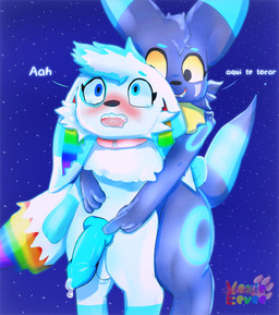 alternate_color anthro aroused blush bodily_fluids cum duo genital_fluids genitals glowing glowing_markings hug male male/male markings night penis text touching_penis xevie_eevee_(artist) nintendo pokemon blackyumbreon_(character) xevie_eevewhite(character) canid eevee eeveelution generation_1_pokemon generation_2_pokemon mammal pokemon_(species) shiny_pokemon umbreon absurd_res hi_res spanish_text