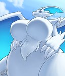 absurd_res anthro big_breasts breasts claws coolryong dragon featureless_breasts female fur furred_dragon furred_scalie hi_res huge_breasts mythological_creature mythological_scalie mythology nude pal_(species) palworld pocketpair quivern scalie smile solo white_body winged_dragon wings